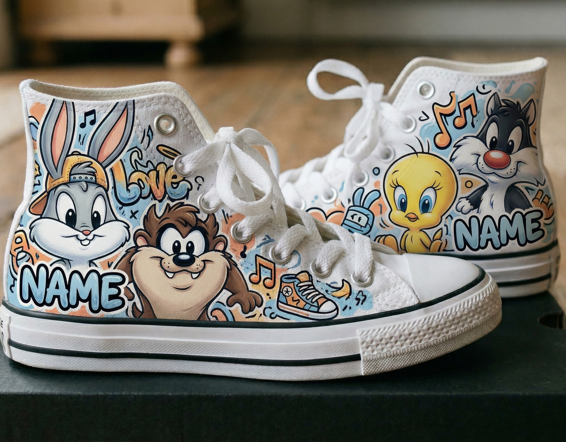 Personalized Name Birthday Cool Baby Looney Tunes Full Print White High Top Sneaker Custom Shoes