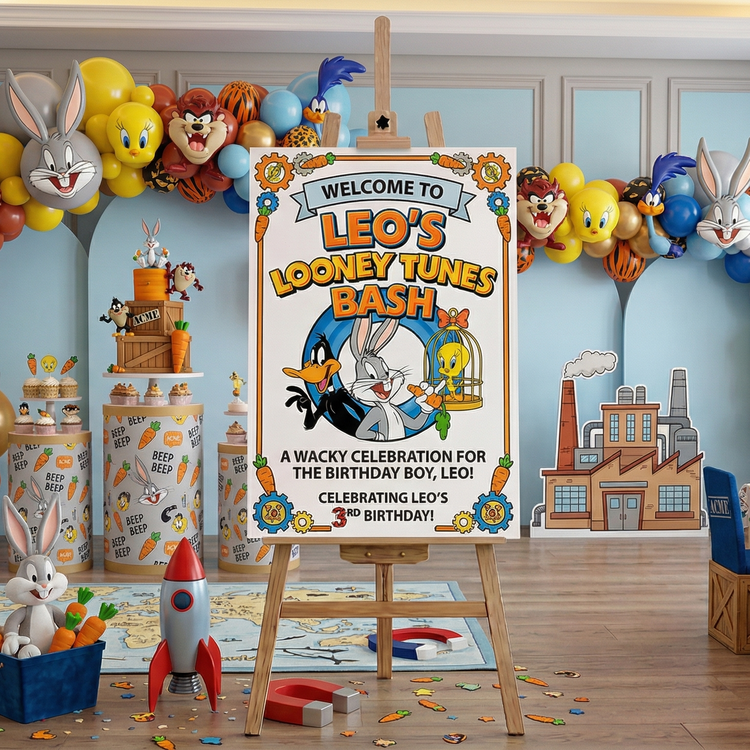 Looney Tunes Theme Personalized Custom Welcome Birthday Sign Foam Poster Board Print Wall Art 24" x 36" inch Decoration Party Glossy Finish
