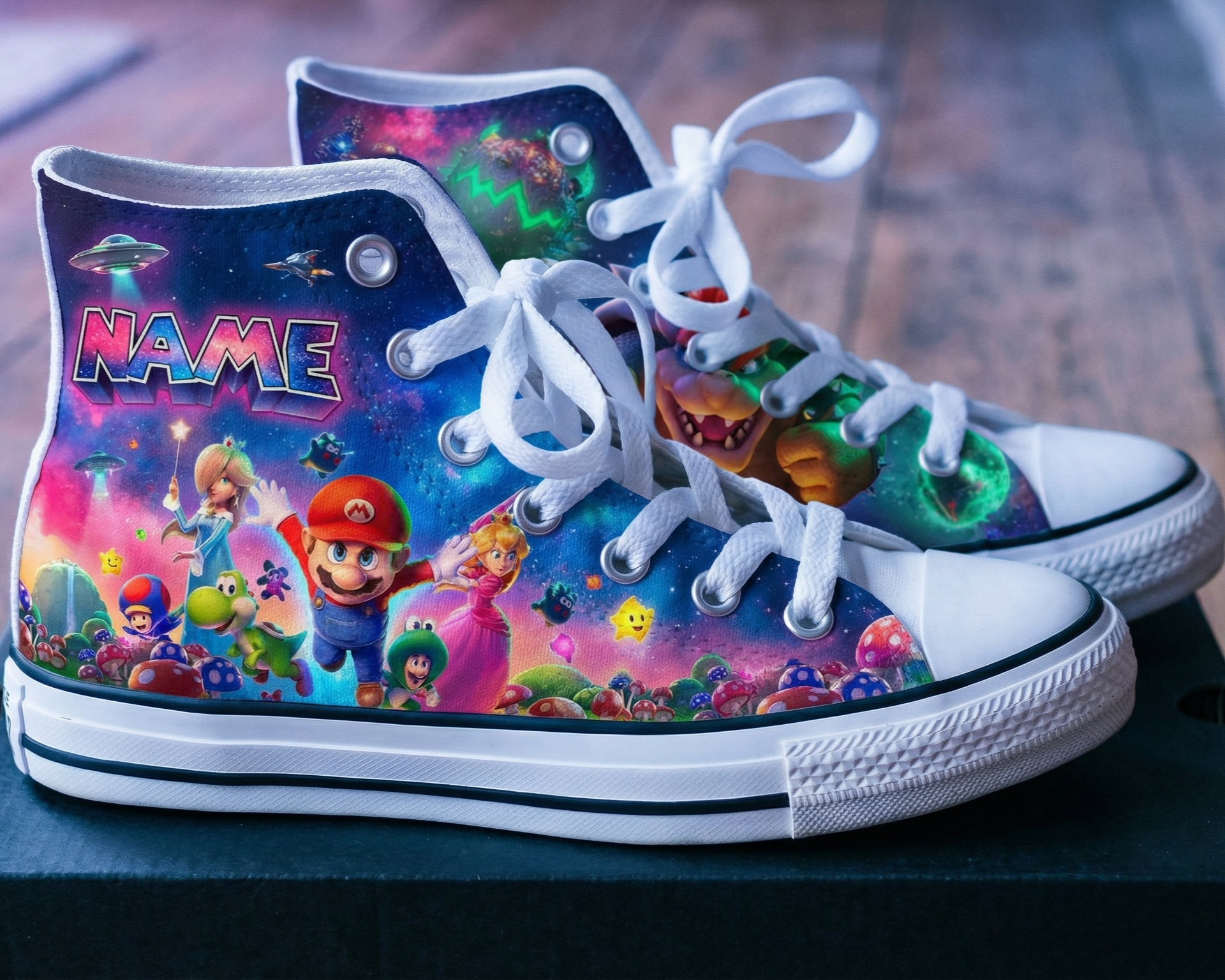 Personalized Name Birthday Super Mario Galaxy Movie Group Full Print White High Top Sneaker Custom Shoes