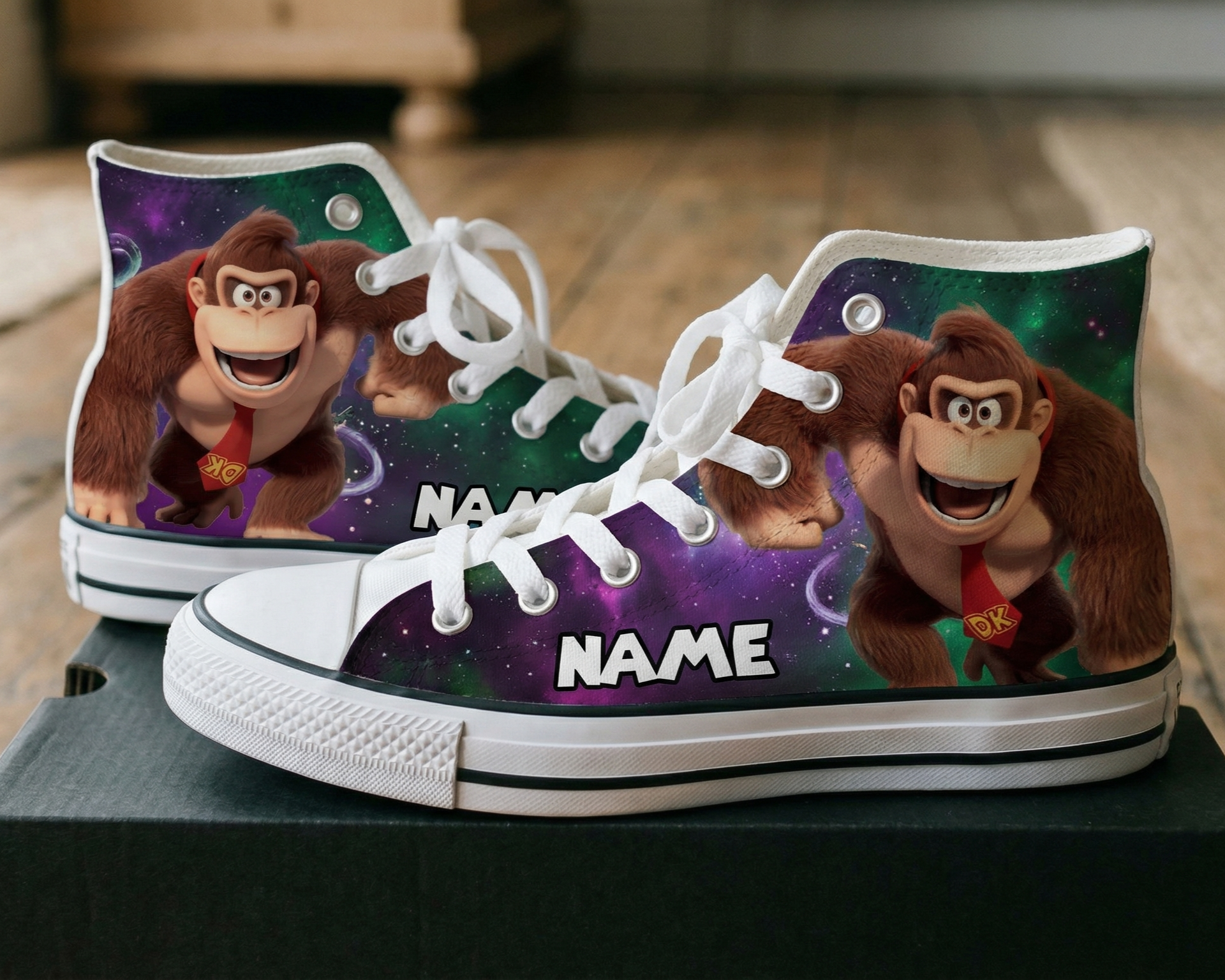 Personalized Name Birthday Super Mario Galaxy Movie Donkey Kong DK Full Print White High Top Sneaker Custom Shoes