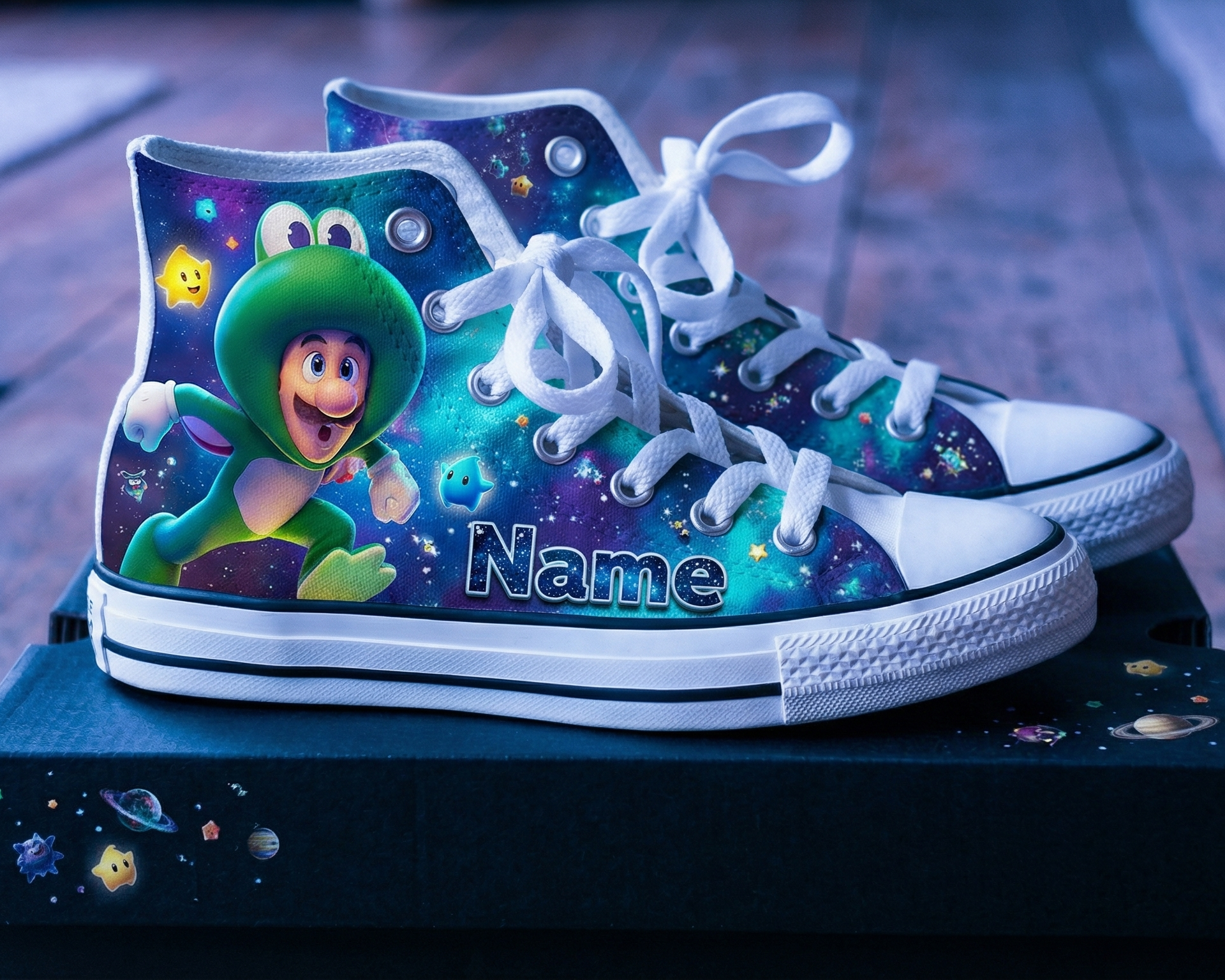 Personalized Name Birthday Super Mario Galaxy Movie Luigi Full Print White High Top Sneaker Custom Shoes