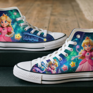 Personalized Name Birthday Super Mario Galaxy Movie Princess Peach Full Print White High Top Sneaker Custom Shoes
