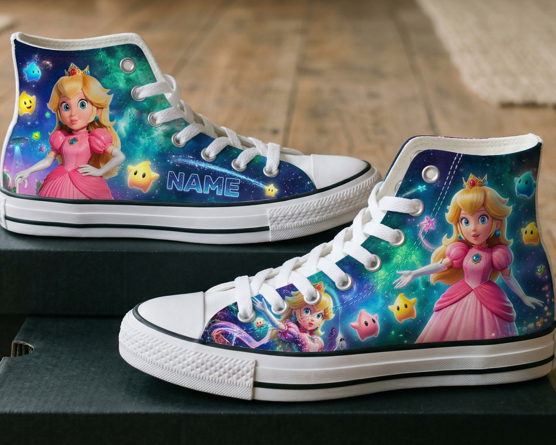Personalized Name Birthday Super Mario Galaxy Movie Princess Peach Full Print White High Top Sneaker Custom Shoes