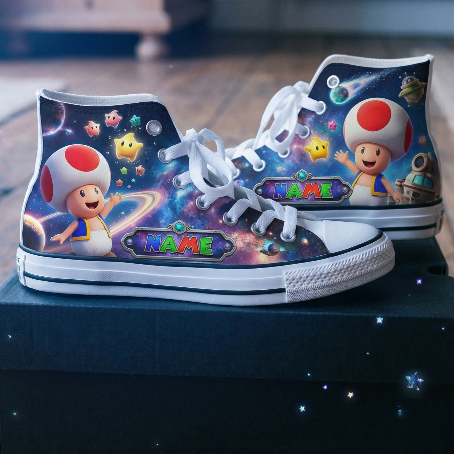 Personalized Name Birthday Super Mario Galaxy Movie Toad Full Print White High Top Sneaker Custom Shoes