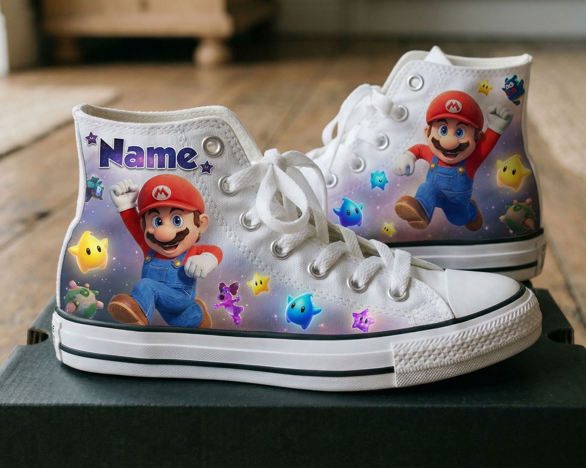 Personalized Name Birthday Super Mario Galaxy Movie Mario Full Print White High Top Sneaker Custom Shoes