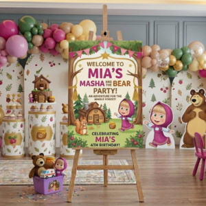 Masha and the Bear Theme Personalized Custom Welcome Birthday Sign Foam Poster Board Print Wall Art 24" x 36" inch Decoration Party Glossy Finish