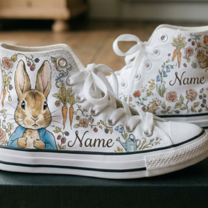 Personalized Name Birthday Peter Rabbit Blue Coat Full Print White High Top Sneaker Custom Shoes