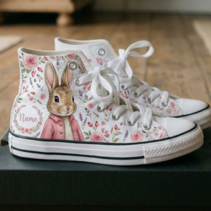 Personalized Name Birthday Peter Rabbit Pink Coat Full Print White High Top Sneaker Custom Shoes