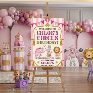 Pink Circus Tent Theme Personalized Custom Welcome Birthday Sign Foam Poster Board Print Wall Art 24" x 36" inch Decoration Party Glossy Finish