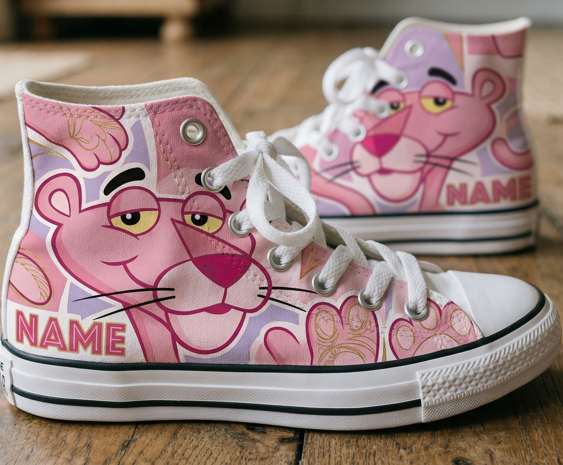 Personalized Name Birthday Pink Panther Full Print White High Top Sneaker Custom Shoes
