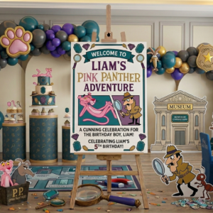 Pink Panther Theme Personalized Custom Welcome Birthday Sign Foam Poster Board Print Wall Art 24" x 36" inch Decoration Party Glossy Finish