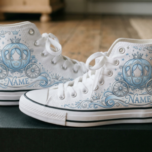 Personalized Name Birthday Blue Princess Carriage Full Print White High Top Sneaker Custom Shoes
