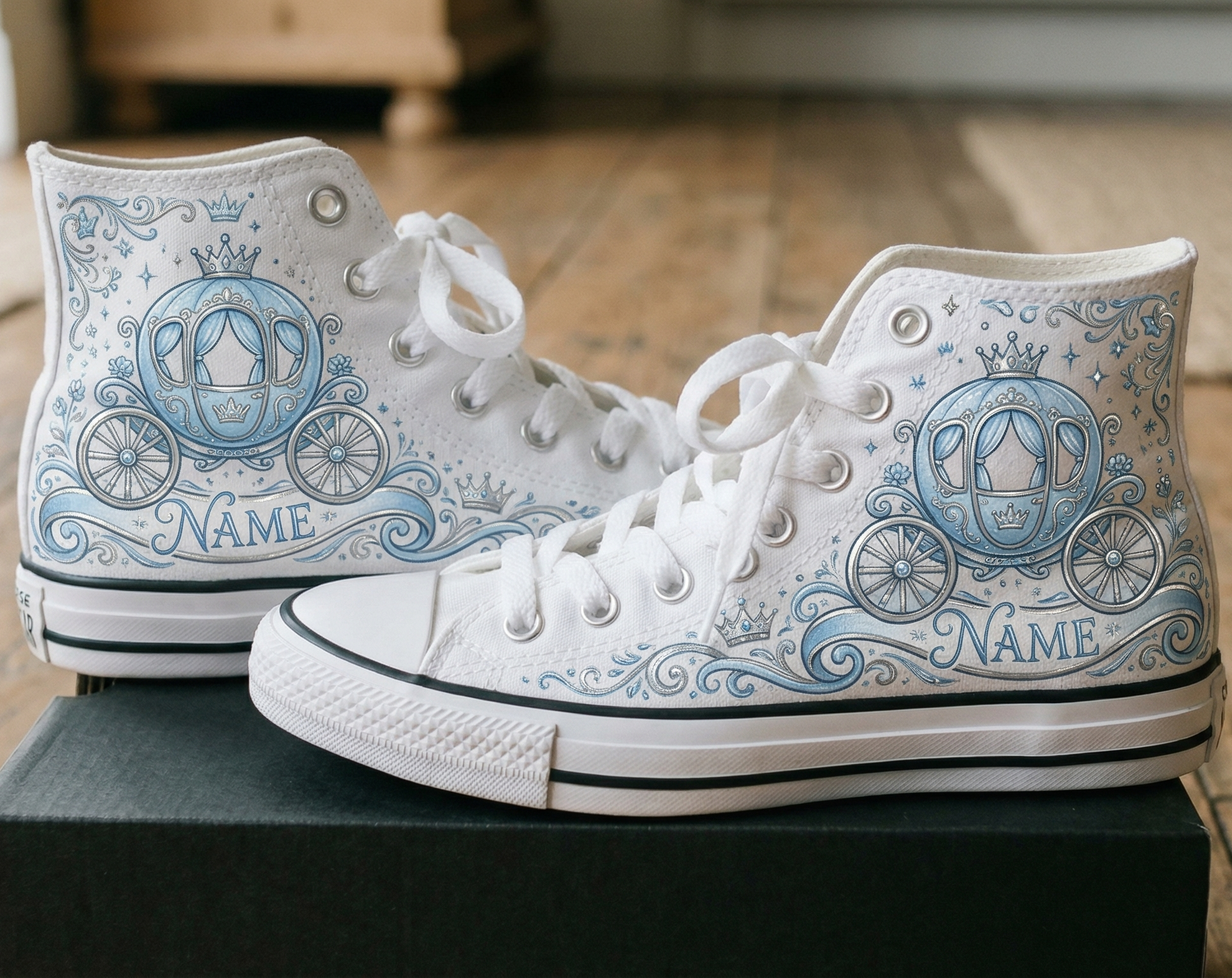 Personalized Name Birthday Blue Princess Carriage Full Print White High Top Sneaker Custom Shoes