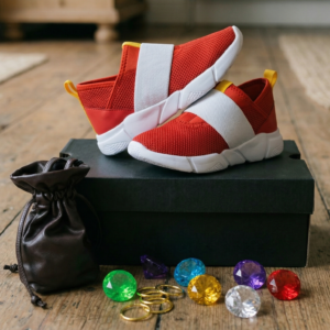 Kids' Sonic the Hedgehog Movie Inspired Red Speedster Slip-On Sneakers Shoes Set – Includes 7 Power Gems, 4 Gold Rings & Storage Pouch