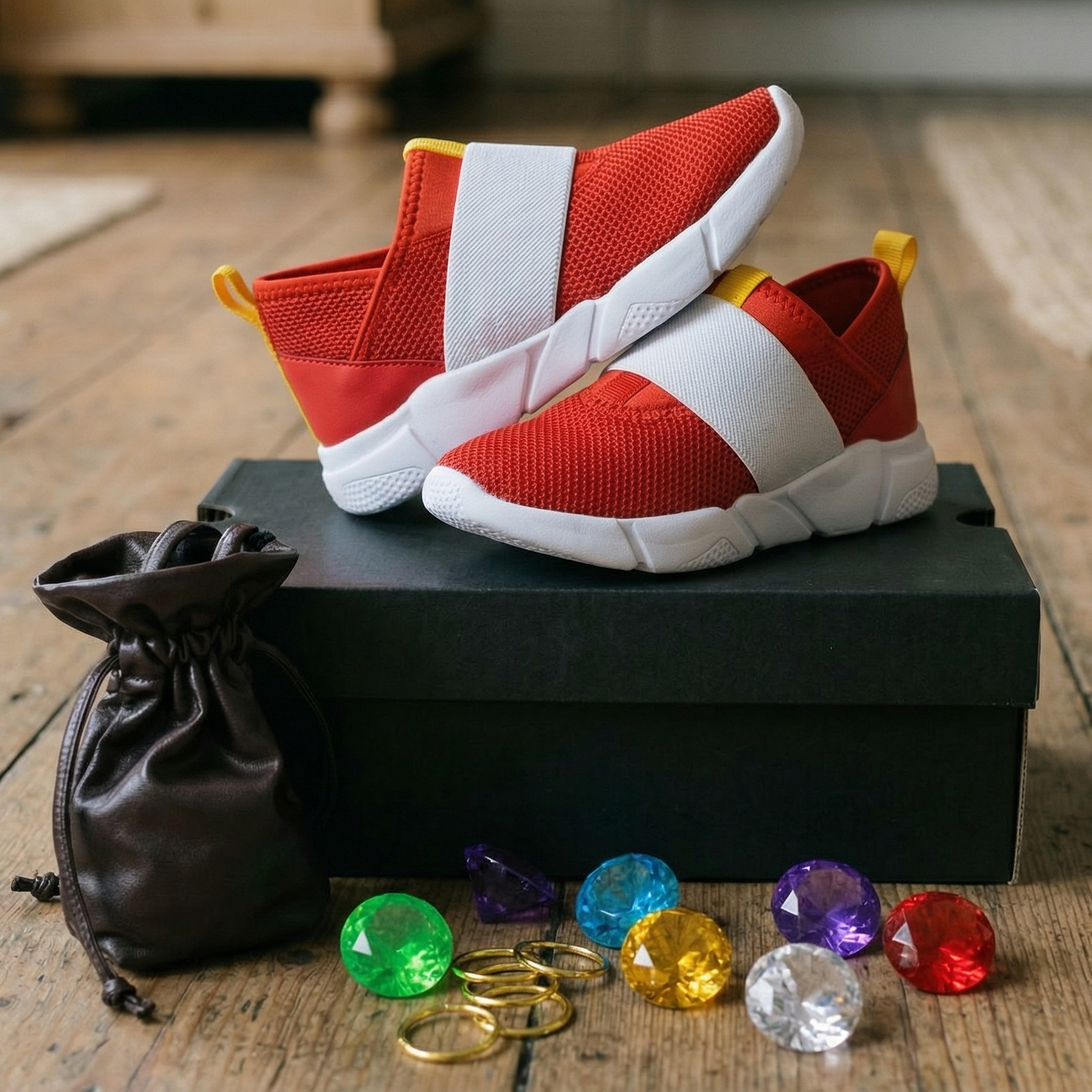 Kids' Sonic the Hedgehog Movie Inspired Red Speedster Slip-On Sneakers Shoes Set – Includes 7 Power Gems, 4 Gold Rings & Storage Pouch