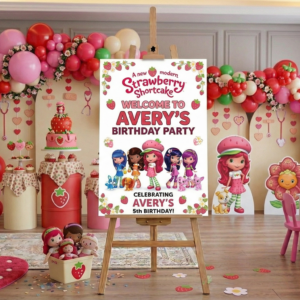 Strawberry Shortcake Theme Personalized Custom Welcome Birthday Sign Foam Poster Board Print Wall Art 24" x 36" inch Decoration Party Glossy Finish
