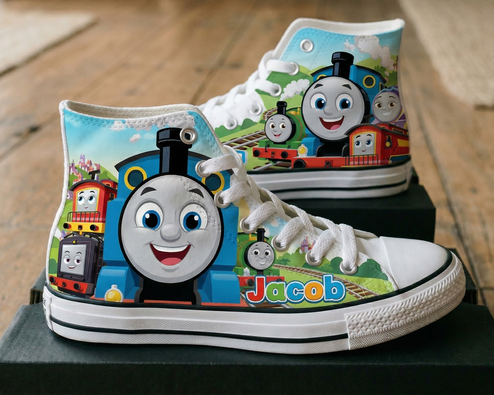 Personalized Name Birthday Thomas the Train All Engines Go Full Print White High Top Sneaker Custom Shoes