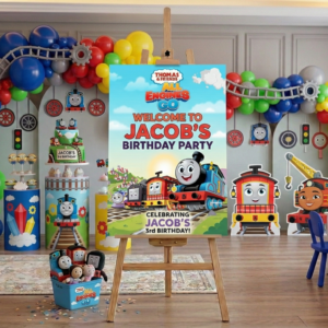 Thomas the Train Theme Personalized Custom Welcome Birthday Sign Foam Poster Board Print Wall Art 24" x 36" inch Decoration Party Glossy Finish