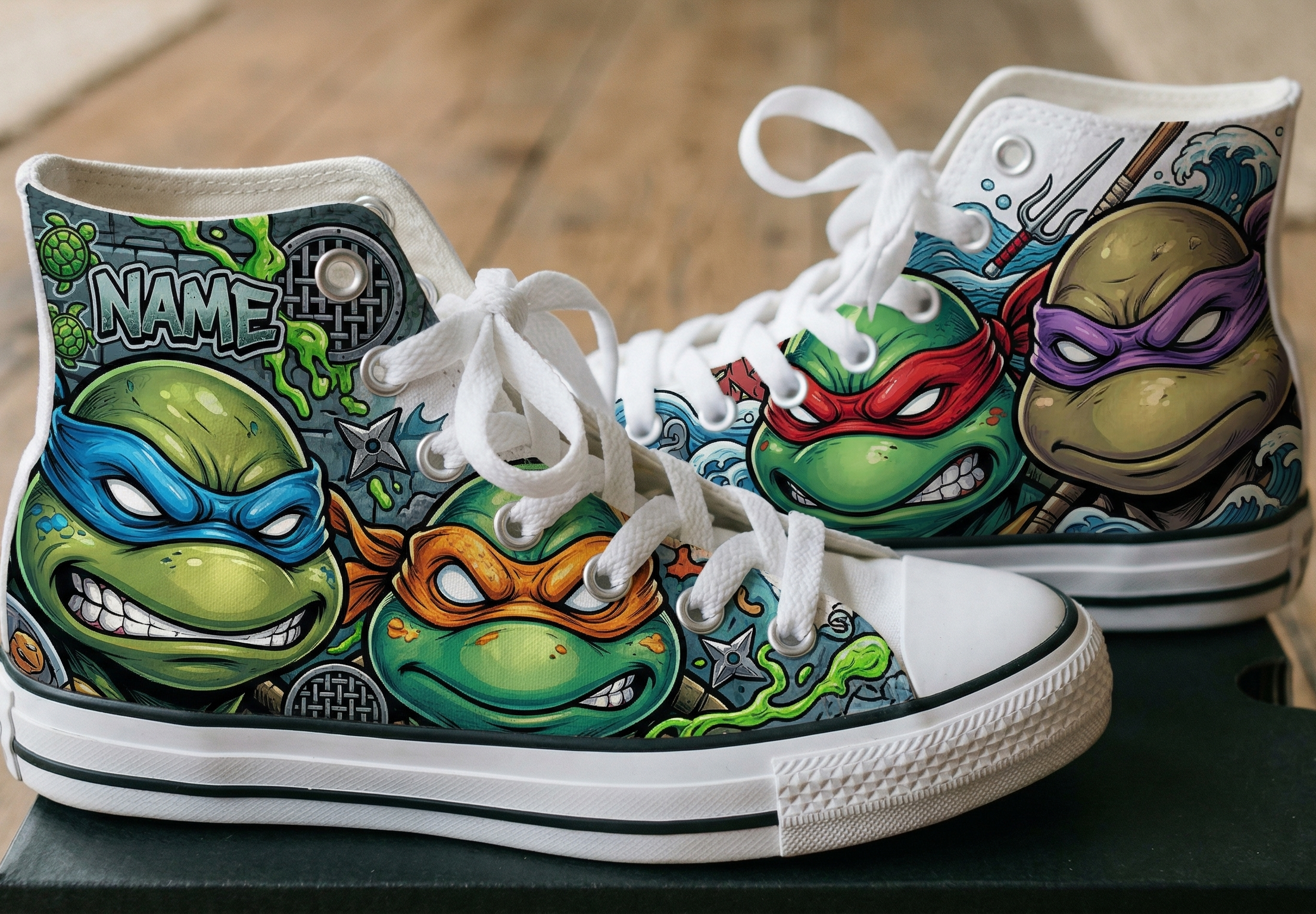 Personalized Name Birthday TMNT Ninja Turtles Full Print White High Top Sneaker Custom Shoes