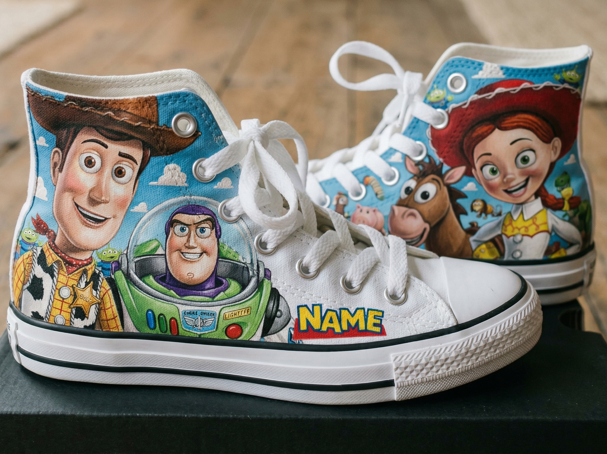 Personalized Name Birthday Toy Story Full Print White High Top Sneaker Custom Shoes