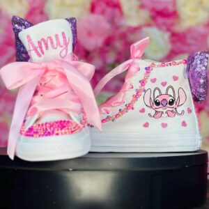 Personalized Name Birthday Stitch Angel White High Top Sneaker Custom Shoes with Bow Gift