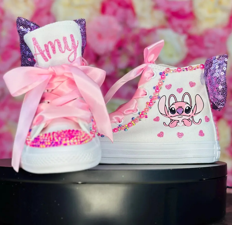 Personalized Name Birthday Stitch Angel White High Top Sneaker Custom Shoes with Bow Gift