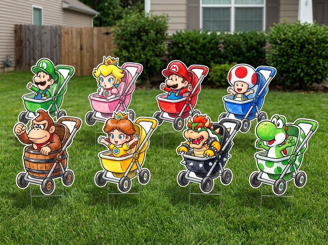 Super Mario Baby Characters in Stroller Coroplast Cutout Yard Sign Life Size Prop Decoration Party Birthday