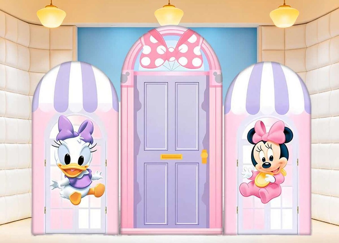Baby Minnie Mouse and Daisy Duck Fabric Arch Cover Backdrop Background 7.2ft by 4ft Life Size Prop Decoration Party Birthday