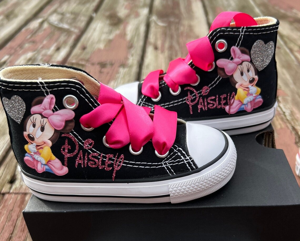 Personalized Name Birthday Baby Minnie Mouse Black High Top Sneaker Custom Shoes Gift