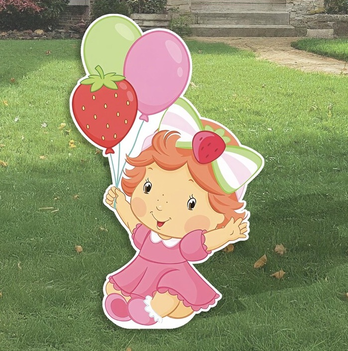 Baby Strawberry Shortcake with Balloon 3 Foot Coroplast Cutout Yard Sign Life Size Prop Decoration Party Birthday