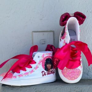 Personalized Name Birthday Barbie Black Girl Face Head White High Top Sneaker Custom Shoes with Bow Gift