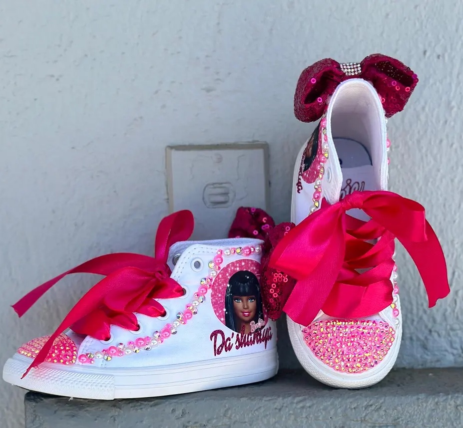 Personalized Name Birthday Barbie Black Girl Face Head White High Top Sneaker Custom Shoes with Bow Gift