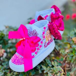Personalized Name Birthday Barbie Blonde Girl Face Head White High Top Sneaker Custom Shoes with Bow Gift