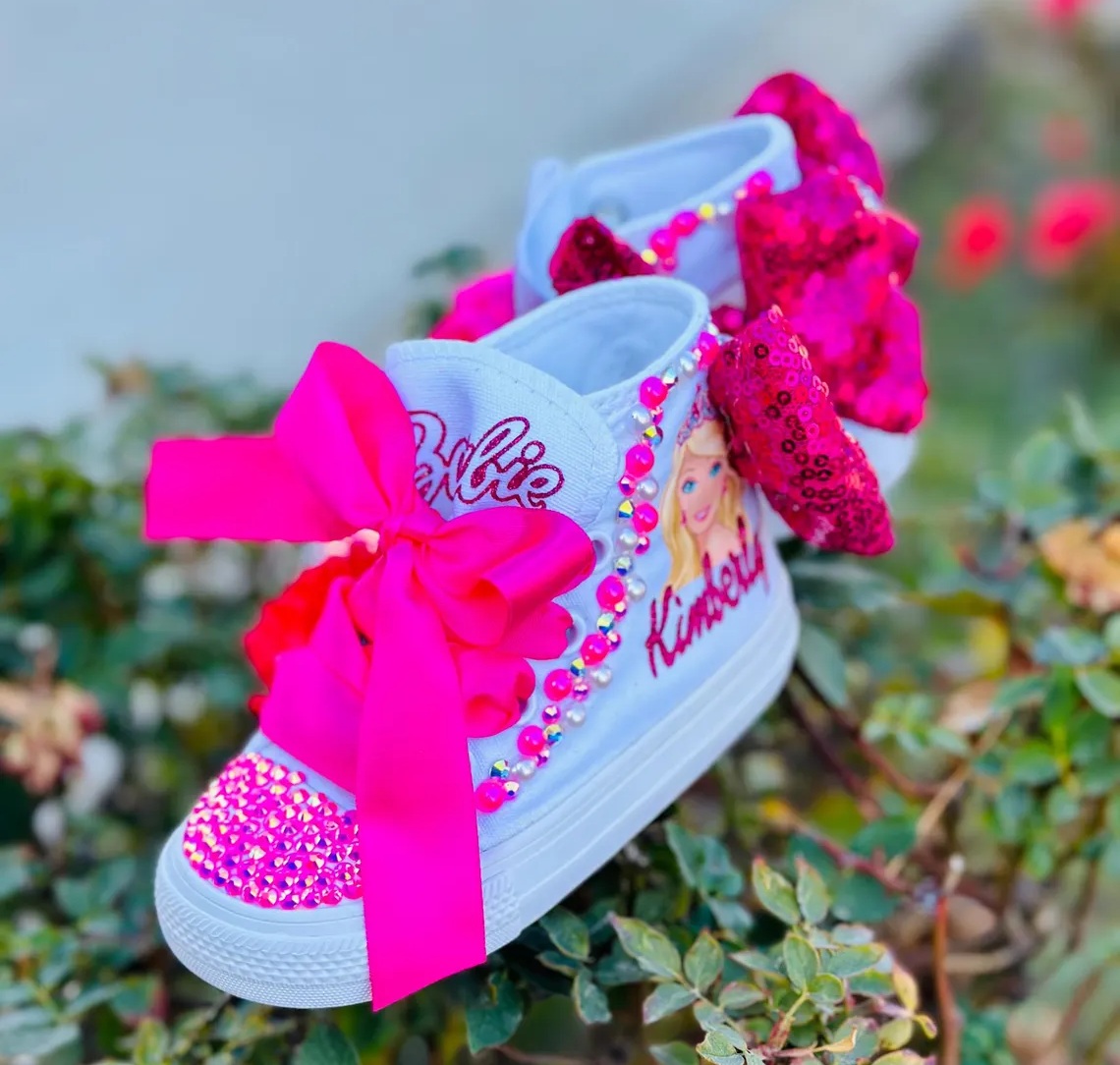 Personalized Name Birthday Barbie Blonde Girl Face Head White High Top Sneaker Custom Shoes with Bow Gift
