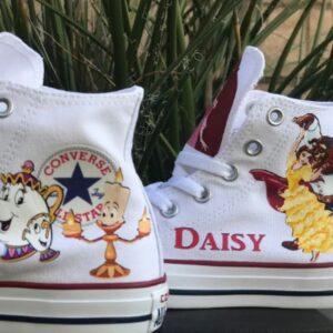 Personalized Name Birthday Princess Belle Beauty and the Beast White High Top Sneaker Custom Shoes Gift