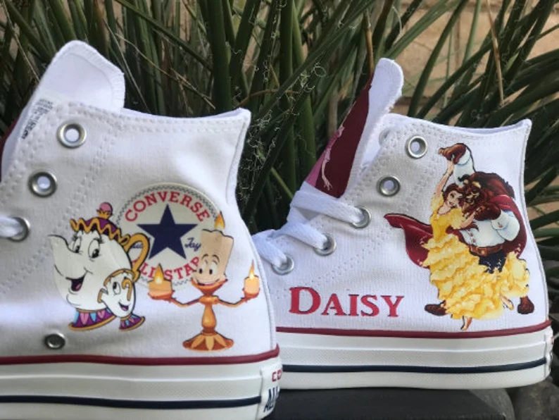 Personalized Name Birthday Princess Belle Beauty and the Beast White High Top Sneaker Custom Shoes Gift