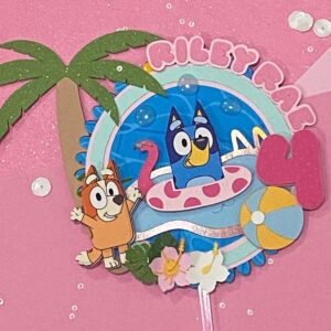 Custom Bluey and Bingo Beach Pool Summer 3D Cake Topper Personalized Birthday Party Decor Custom Name & Age