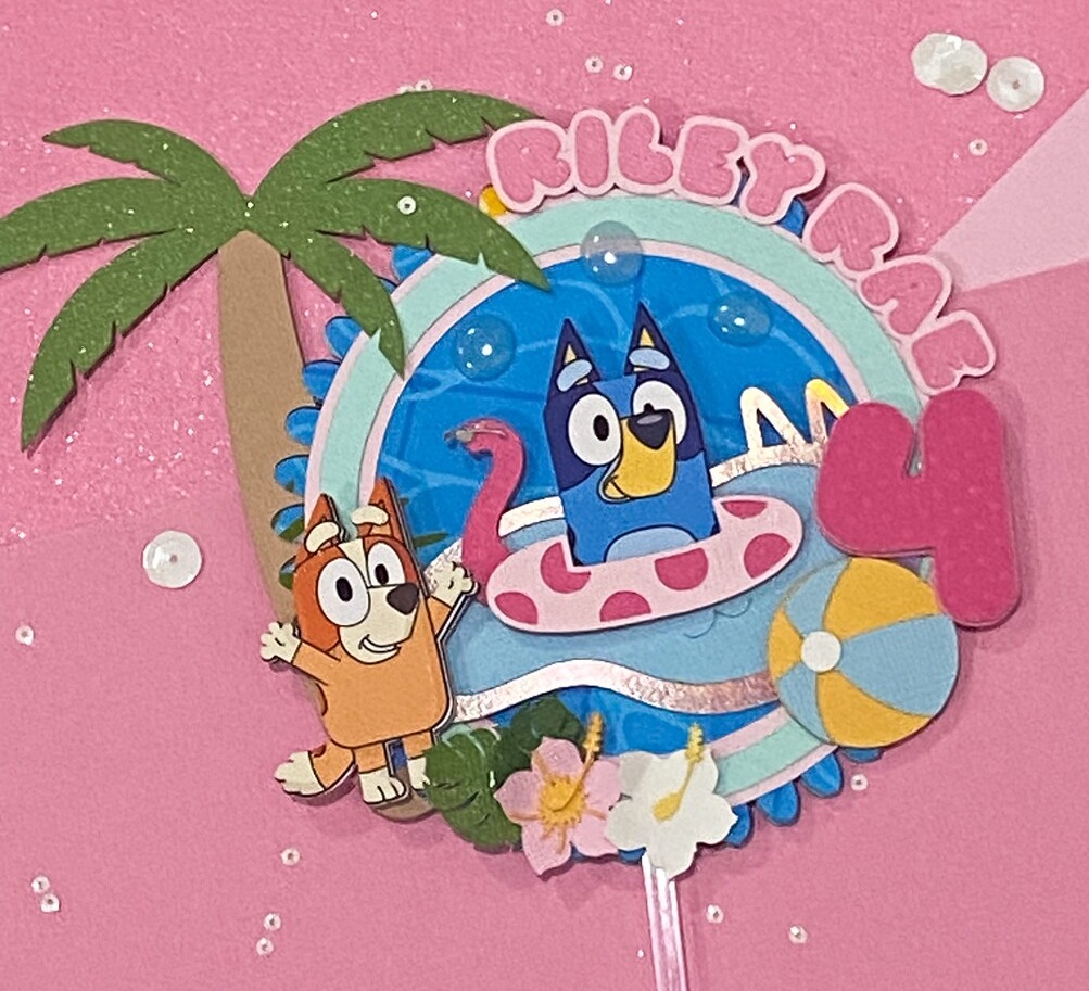 Custom Bluey and Bingo Beach Pool Summer 3D Cake Topper Personalized Birthday Party Decor Custom Name & Age