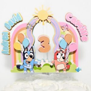 Custom Bluey and Bingo Dancing 3D Cake Topper Personalized Birthday Party Decor Custom Name & Age
