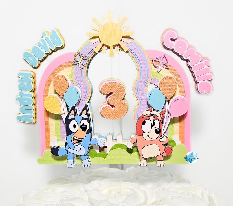 Custom Bluey and Bingo Dancing 3D Cake Topper Personalized Birthday Party Decor Custom Name & Age