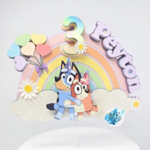 Custom Bluey and Bingo Hugging 3D Cake Topper Personalized Birthday Party Decor Custom Name & Age