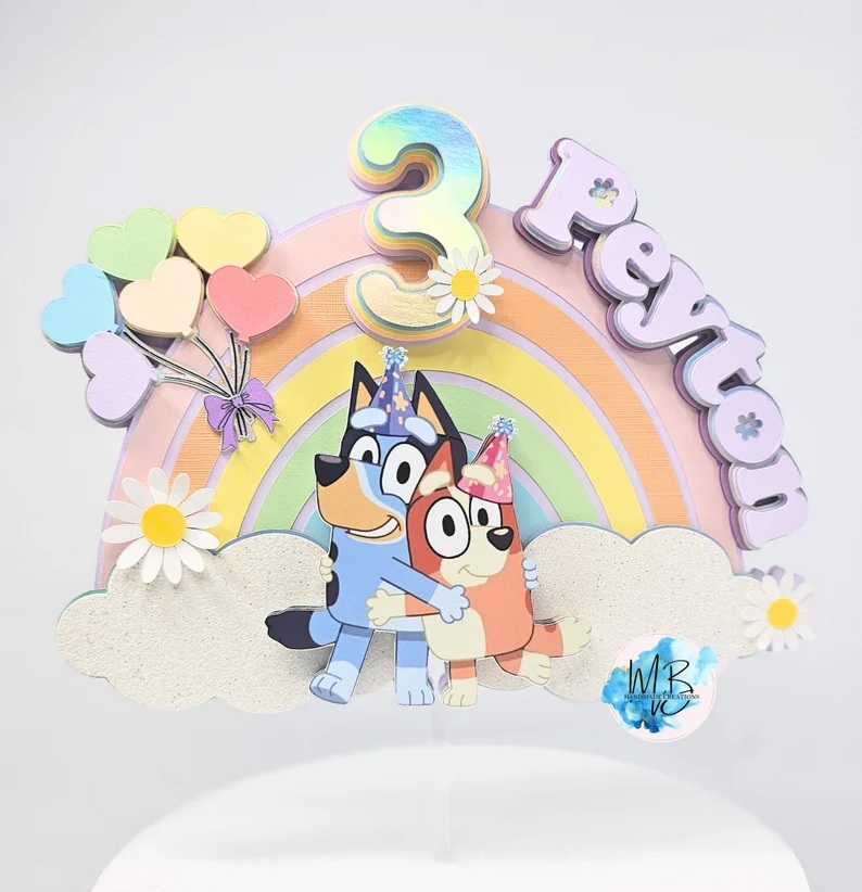 Custom Bluey and Bingo Hugging 3D Cake Topper Personalized Birthday Party Decor Custom Name & Age