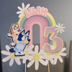 Custom Bluey and Bingo Piggyback Ride 3D Cake Topper Personalized Birthday Party Decor Custom Name & Age