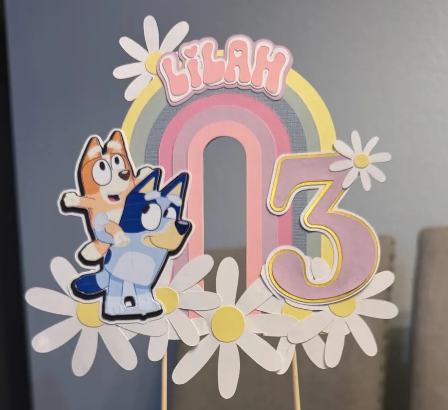 Custom Bluey and Bingo Piggyback Ride 3D Cake Topper Personalized Birthday Party Decor Custom Name & Age