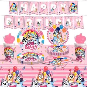 Bluey and Friends Pink Girls Birthday Party Supplies Banner Napkins Cups Cutlery Plates Tablecloth 16 Guests