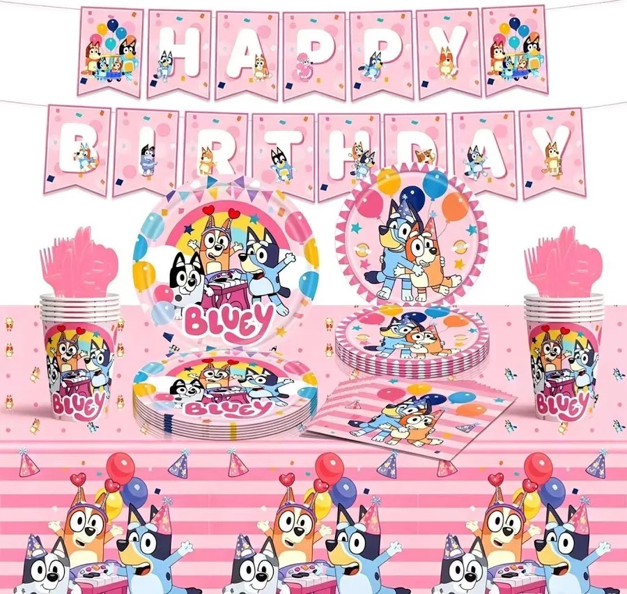 Bluey and Friends Pink Girls Birthday Party Supplies Banner Napkins Cups Cutlery Plates Tablecloth 16 Guests