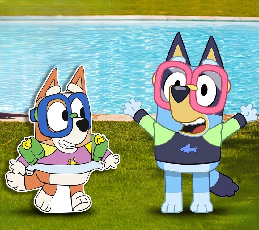 Bluey and Bingo Summer Pool Beach Coroplast Cutout Yard Sign Life Size Prop Decoration Party Birthday