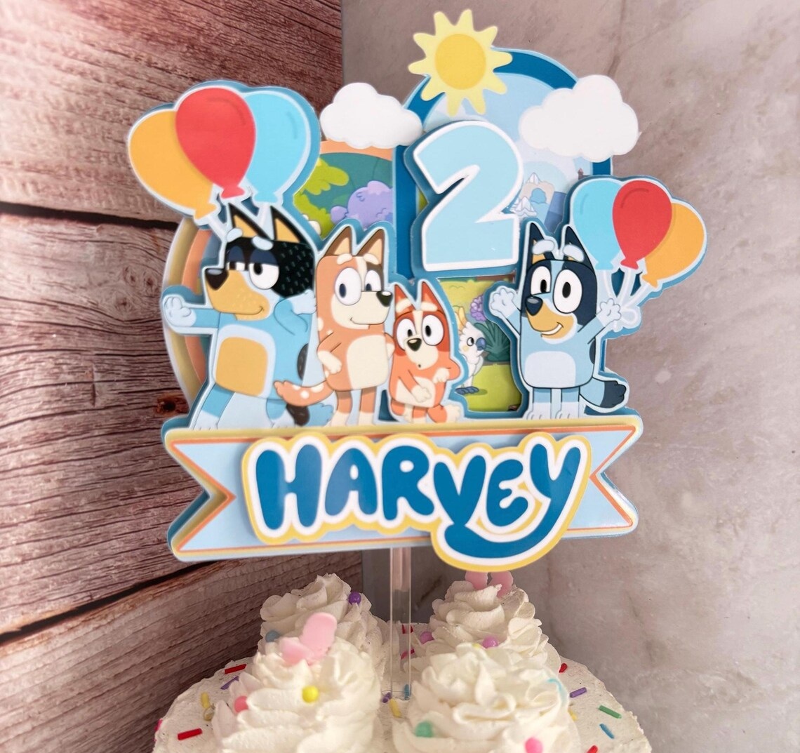 Custom Bluey Heeler and Family Dancing 3D Cake Topper Personalized Birthday Party Decor Custom Name & Age