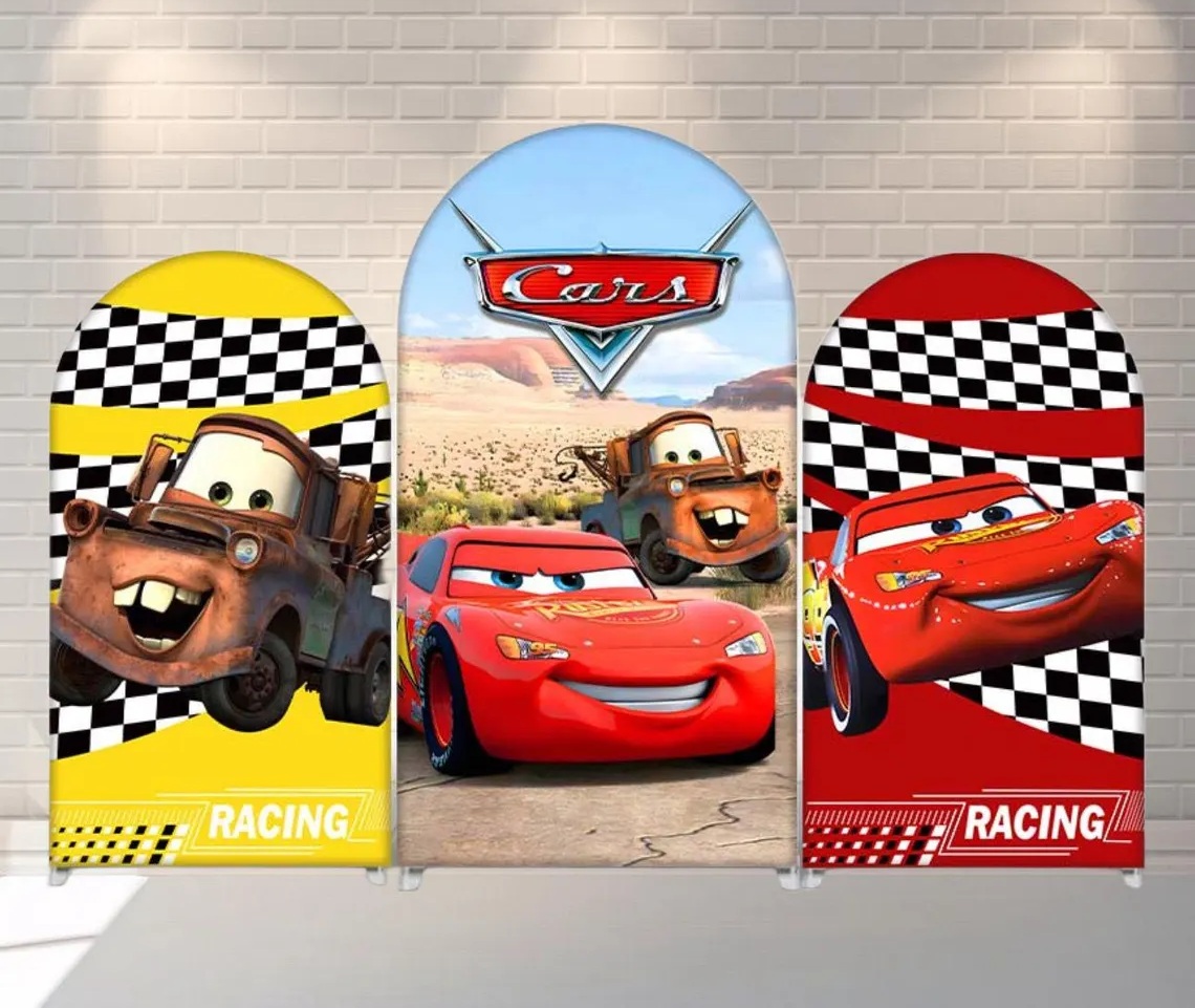 Cars Mater and Lightning McQueen Fabric Arch Cover Backdrop Background 7.2ft by 4ft Life Size Prop Decoration Party Birthday