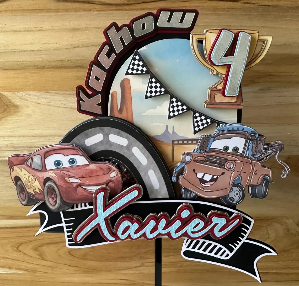 Custom Cars McQueen and Mater 3D Cake Topper Personalized Birthday Party Decor Custom Name & Age